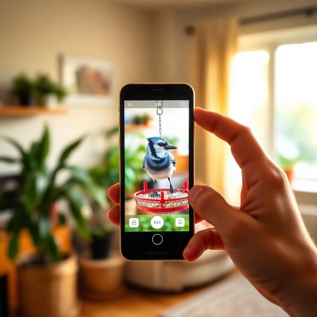 NestCam app showing a live blue jay feed on a phone